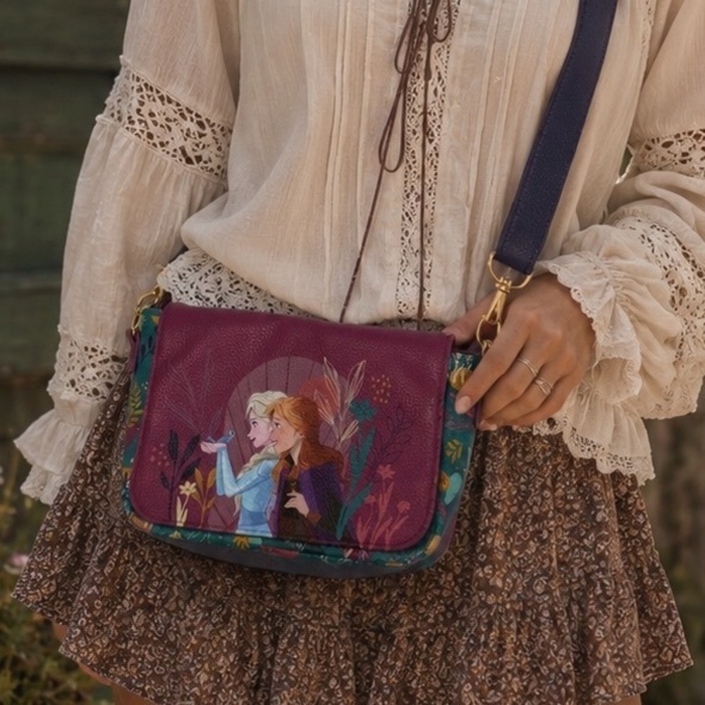 Disney Frozen Anna Elsa Purple Teal Faux Leather Crossbody Messenger Bag